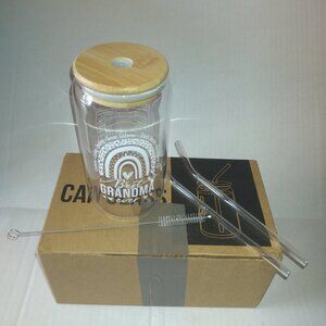 BEST GRANDMA EVER! Glass Tumbler w/Bamboo Lid Glass Straw Cleaner 16 oz Clear